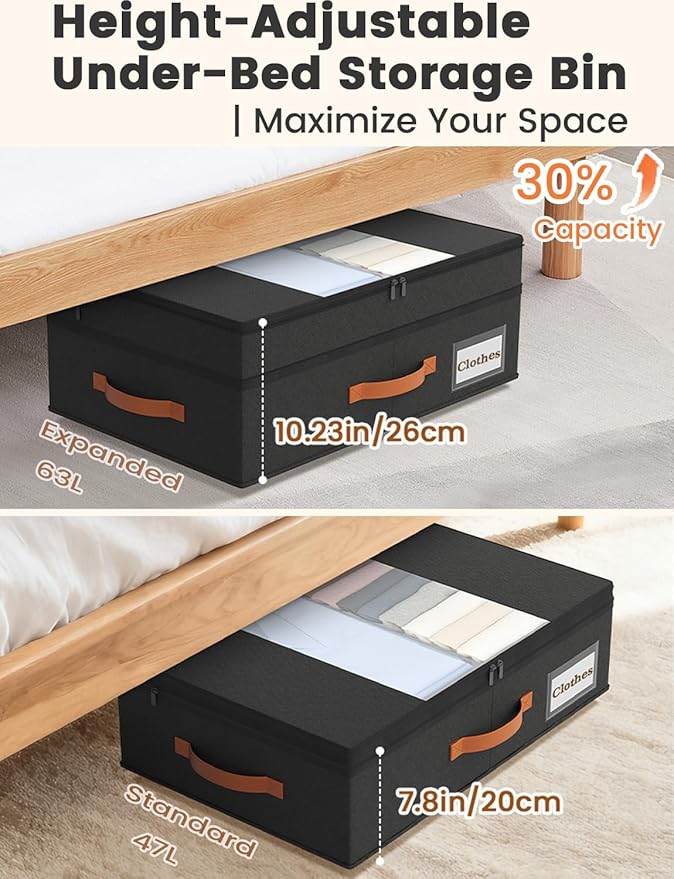 2-Pack Under Bed Storage with Wheels and 6 Vacuum Seal Bags, Adjustable Height 7.9"-10.2",Heavy Duty Capacity,Clear Lid Organizer for Dorm Bedroom Clothes Shoes Books,Quick Assembly Space Saver，Black