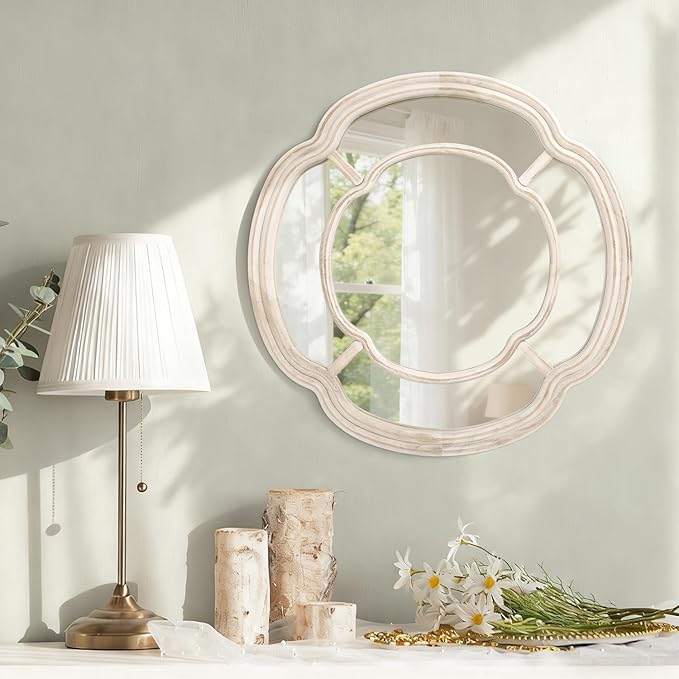 White Irregular Mirror, Wall Mounted Wavy Circle Mirror Wood Frame Round Hanging Decorative Mirros for Entryway Living Room Vanity and Bedroom, 20 Inch Home Decor