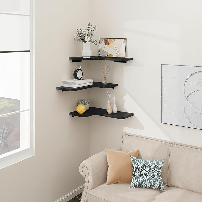 Homode Corner Shelves Wall Mounted, Set of 3 Floating Corner Shelves with Cord Hole, 3 Tier Wooden Hanging Display Shelf for Bathroom Kitchen Living Room, Black