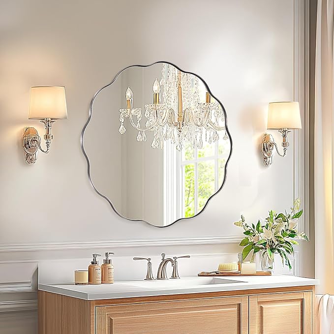 ANDY STAR Chrome Round Wall Mirror 36 inch, Polished Metal Frame Circle Bathroom Mirror in SUS304 Stainless Steel Frame, with Unique Modern Circular Wavy Design