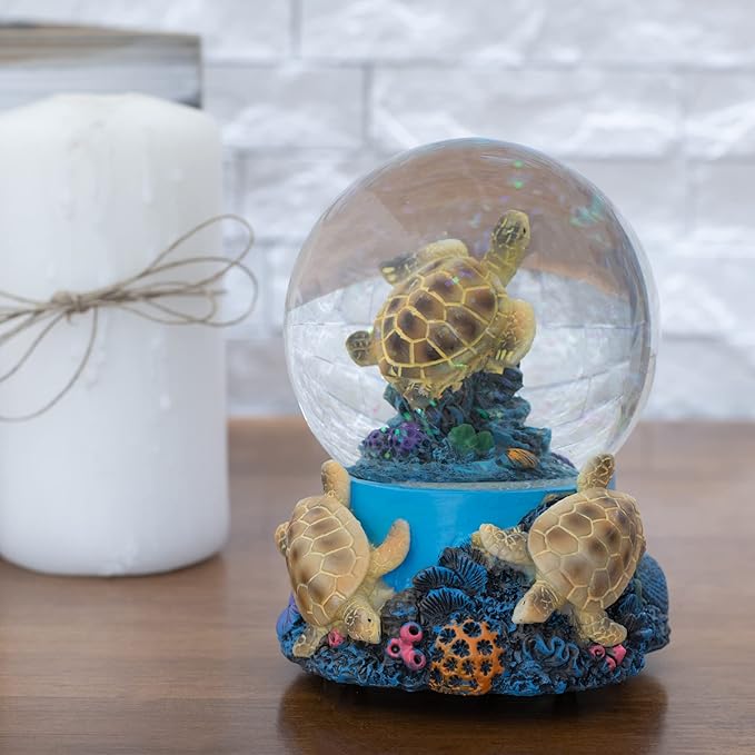 Elanze Designs Coral Reef Sea Turtles 100MM Sturdy Wind Up Musical Glitter Water Snow Globe Tabletop Dresser Nightstand Figurine Decoration Plays Tune Wonderful World