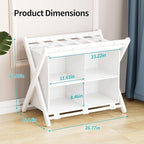Folding Luggage Rack, 2-Pack White Bamboo Suitcase Stands with 4 Storage Compartments , Sturdy Luggage Holders for Guest Room, Bedroom, Hotel