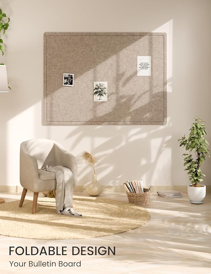 Fluxynara Large Bulletin Board, 47.2" x 35.4" Cork Board Alternative with 24 Safe Removable Adhesive Tabs, Foldable Felt Pin Board for Home Office, Classroom, Bedroom,Entryway for Walls—Taupe