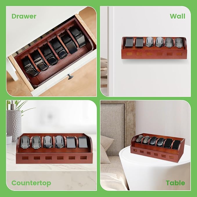 Large Adjustable Bamboo Belt Organizer Box, 6 Grids Belt Rack, Belt Organizer for Closet Shelf and Drawer, Tie and Belt Storage Organizer Wall Mount and Displayer for Men Women Father Day (Brown)