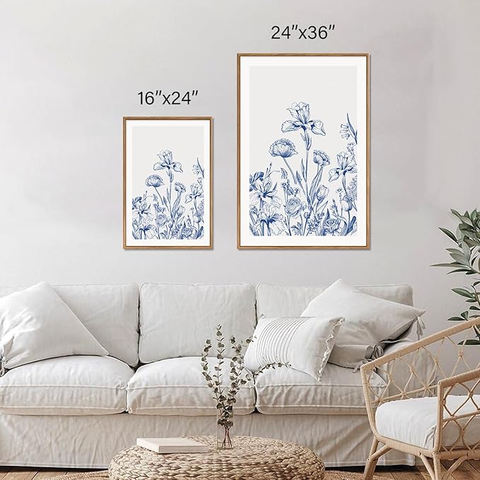SIGNINART Classic Chinoiserie Framed Canvas Wall Art Set, Blue and White Floral Art Painting, Minimalist Botanical Flower Artwork, Navy Blue Wall Decor for Bedroom, Living Room, Office 24"x36"x3