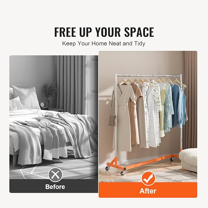 VEVOR Z Rack, 300 lbs Industrial Grade Z Base Garment Rack, 24" x 63" x 71" Clothes Rack, Sturdy Steel Heavy Duty Clothing Rack w/Lockable Casters for Home Garment Store Orange