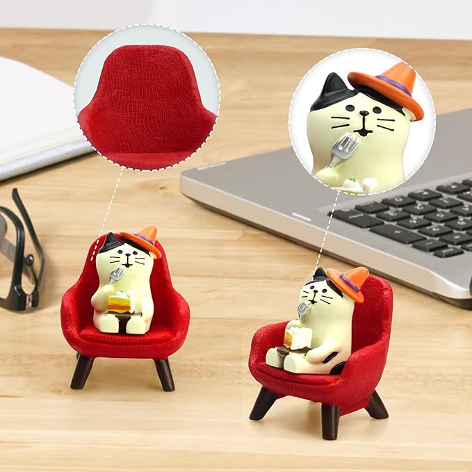 RAQWI Cute Kitten Figurine Eating Cake on Red Sofa, Mini Resin Cat Statue for Office Desk & Home Decoration, Adorable Easter Spring Gift for Cat Lovers, Women, Friends