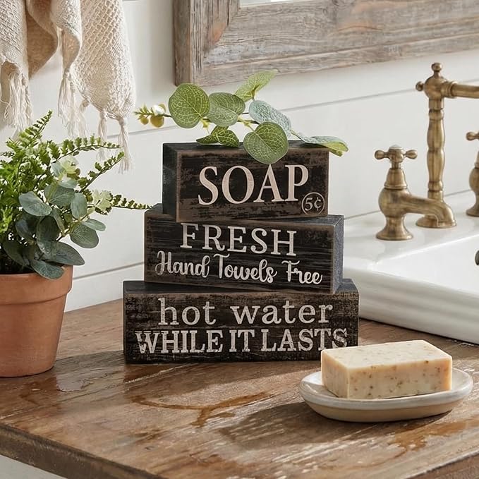Lineshading 4 Pcs Bathroom Shelf Decor Sign Farmhouse Bathroom Decor and Accessories Rustic Eucalyptus Leaves Block Sign Soap Fresh Hand Towel Free Table Centerpiece for Home Toilet Hotel Campsite