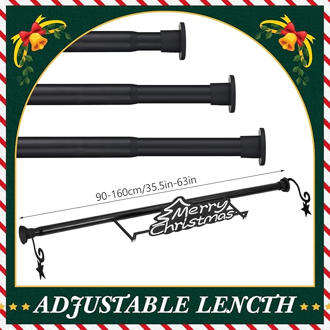 MorningRo 35.5" - 63" Christmas Garland Hanger for Front Door Adjustable Wreath Hanger No Nails or Screws Heavy Duty Black Metal Hook with Christmas Sign for Different Door Holding Wreath Xmas Decor