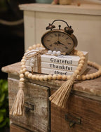 3 Pieces Wooden Decorative White Books, Rustic Farmhouse Faux Books for Coffee Table Shelves with Wood Bead Tassels and Leaves, 7'x 4.6'x 2.5' (Grateful, Thankful, Blessed)
