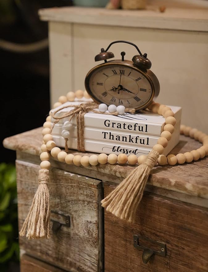 3 Pieces Wooden Decorative White Books, Rustic Farmhouse Faux Books for Coffee Table Shelves with Wood Bead Tassels and Leaves, 7'x 4.6'x 2.5' (Grateful, Thankful, Blessed)