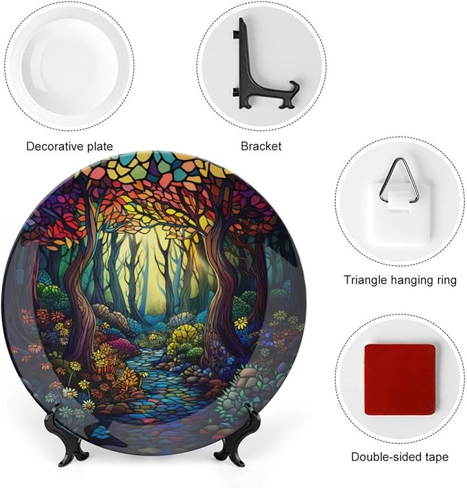 Stained Glass Theme Decorative Ceramic Plate Round Porcelain Plate,6 inch,Sunrise Forest Stream Pattern,for Decorative Ornaments Giving Plates, 1 Plate with 1 Display Stand,Multicolor
