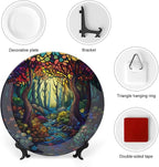 Stained Glass Theme Decorative Ceramic Plate Round Porcelain Plate,10 inch,Sunrise Forest Stream Pattern,for Decorative Ornaments Giving Plates, 1 Plate with 1 Display Stand,Multicolor