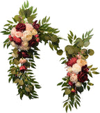 Firlar Artificial Wedding Arch Flowers Kit, 2 Pcs Decorative Floral Swag with Red Rose, Pink Peony and Eucalyptus Leaves Fake Peony Garland Wreath for Wedding Chair Party Ceremony Backdrop Decor