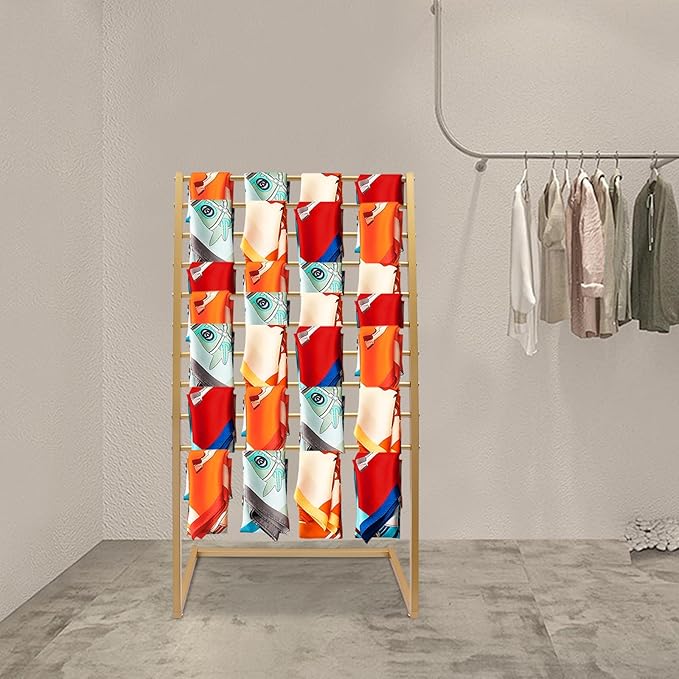 Scarf Display Stand, 10 Tier Metal Scarf Holder Organizer, Freestanding Scarf Rack, for Hanging Towels, Scarves, Clothes, Shawls, Blankets, Bandana, for Commercial Clothing Retail Store (Gold)