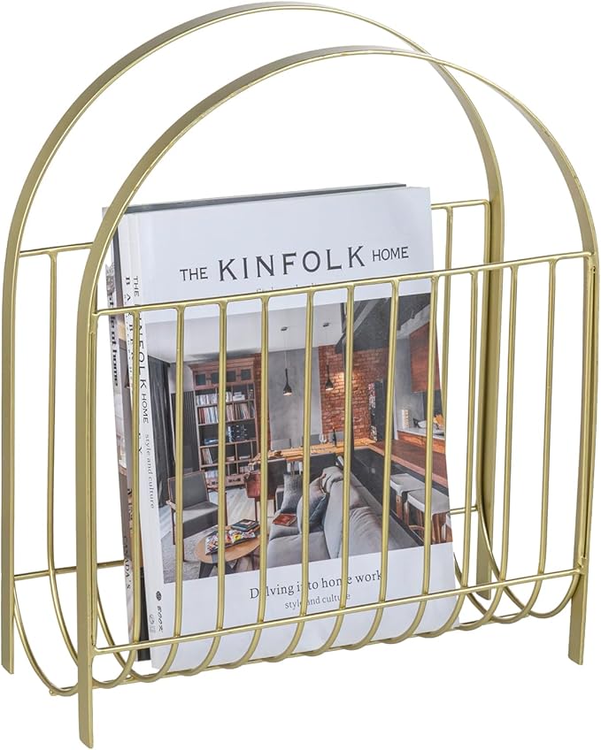 MyGift Deluxe Mid Century Brass Tone Metal Wire Magazine Holder Rack, Table or Floor Display Newspaper Stand Storage Sling for Magazines and Vinyl Record Albums