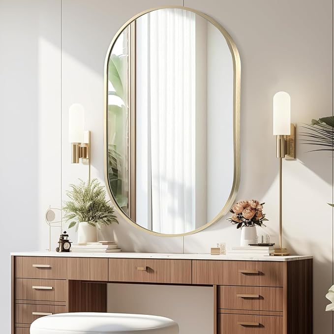Gold Oval Mirror, 22"x30" Oval Bathroom Mirror, Vanity Mirror with Brushed Metal Frame, Wall Mount Mirrors Decor for Bathroom, Bedroom, Entryway, Living Room(Hangs Horizontally or Vertically)