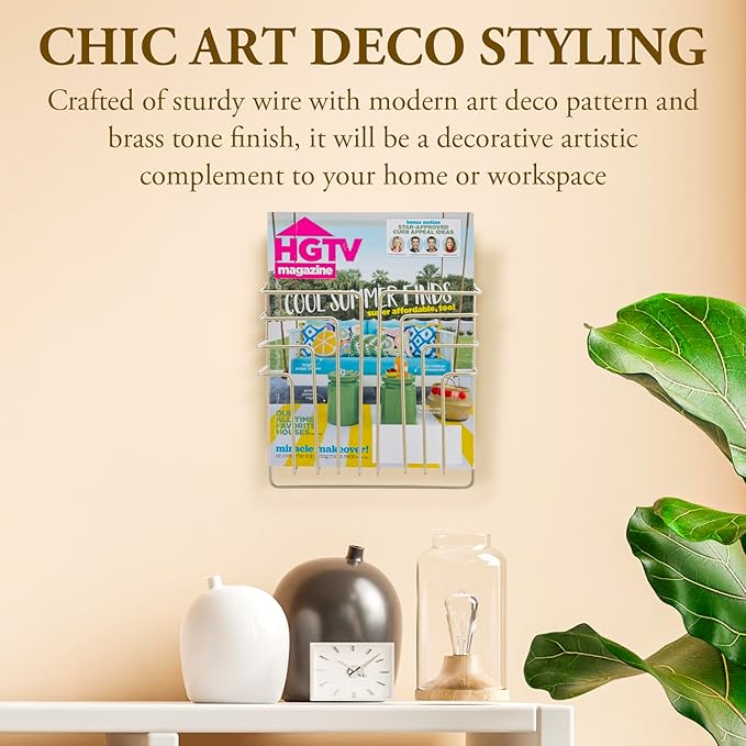 MyGift Modern Art Deco Style Brass Tone Metal Wire Floating Magazine Rack and File Folder Holder, Wall Mounted Home or Office Storage for Documents or Mail