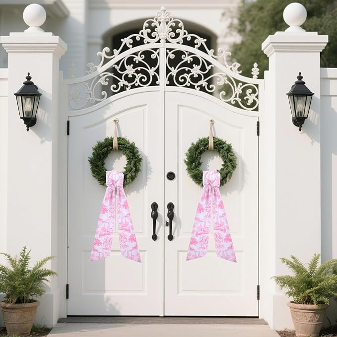 Pink French Toile Wreath Sash - 2 Pcs Sashes for Wreath Front Door Baby Shower Wedding, Rustic Wreaths Sash for Embroidery Monogram Garland Indoor Outdoor