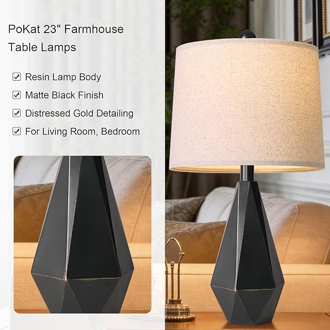 PoKat Table Lamps Set of 2 for Bedroom, 23.5'' High Farmhouse Nightstand Lamps for Living Room, Modern Bedside Lamps with Linen Shade for Office Sideboard Hallway Gift (Matte Black)