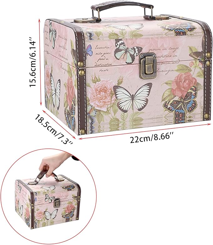 ELLDOO Decorative Treasure Chest Box, Wooden + PU Leather Storage Box for Jewelry Trinkets, Keepsakes box for Girls Women Gifts (Butterfly Pattern, Large)