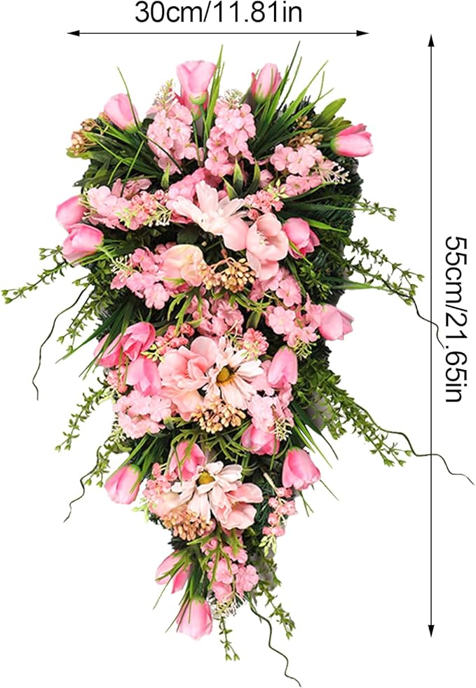 belupai 21.6in Artificial Flower Teardrop Swag, Decorative Swag with Green Leaves and Fake Flowers, Faux Tulips Floral Swag for Spring Summer Indoor Outdoor Window Decor (Pink)