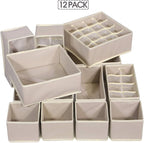 12 Pack Foldable Drawer Organizer Dividers Cloth Storage Box Closet Dresser Organizer Cube Fabric Containers Basket Bins for Underwear Bras Socks Panties Lingeries Nursery Baby Clothes Beige