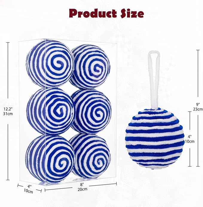 Briful 3.94'' Blue and White Christmas Ornament Balls, 6PCS Large Decorative Yarn Balls Xmas Tree Hanging Ornaments with Strings for Holiday Party Christmas Decor
