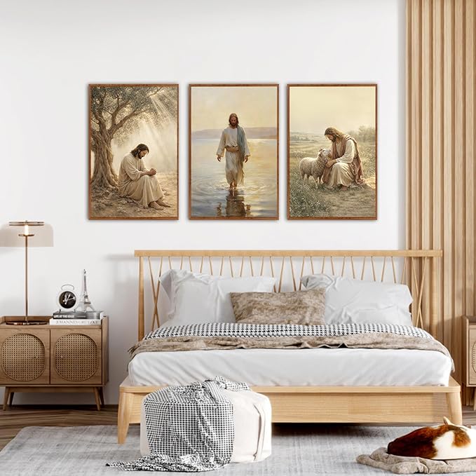 KAlRNE Vintage Christian Framed Canvas Wall Art Set of 3(24”X36”),Jesus Bible Story Wall Decor,Spiritual Religious God Painting,Neutral Inspirational Beige Art Prints For Living Room Bedroom Church