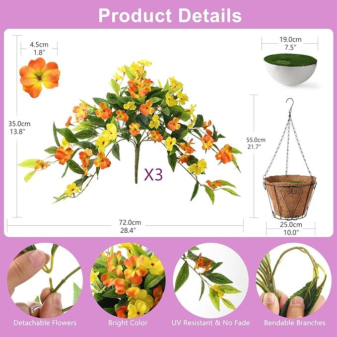 Artificial Fake Hanging Flowers Plants Basket for Outdoors Outside Decoration UV Resistant Faux Silk Flowers Look Real Plastic Flowers for Spring Planters Home Porch Patio Garden Decor