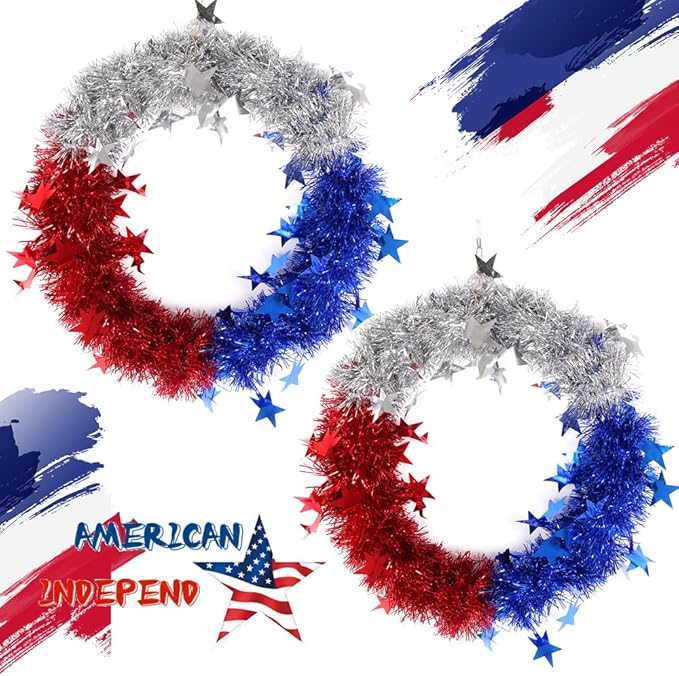 Patriotic Wreath for Front Door Red White Blue Wreath 4th of July Wreaths for Door Wall Memorial Day Decor Independence Day Hanging Decoration for Outside Home Farmhouse Holiday (Shiny A)