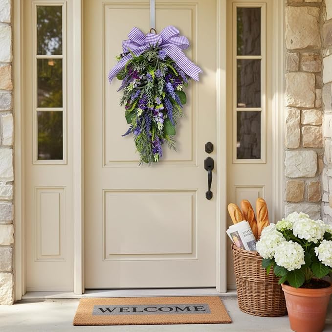 23 Inch Pre-lit Lavender Teardrop Swag, Farmhouse Spring Summer Teardrop with Purple Gingham Bow, Battery Operated with Timer & 10 Warm White Lights, Floral Decoration for Wall Door Farmhouse