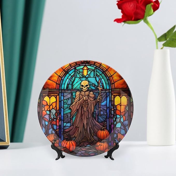 Decorative Plates, Halloween Spooky Stained Glass Design Ceramic Dinner Plate Home Wobble-Plate with Display Stand, Wall Hanging Decor for Dining Room Kitchen Household 7 Inch, Gifts for Halloween