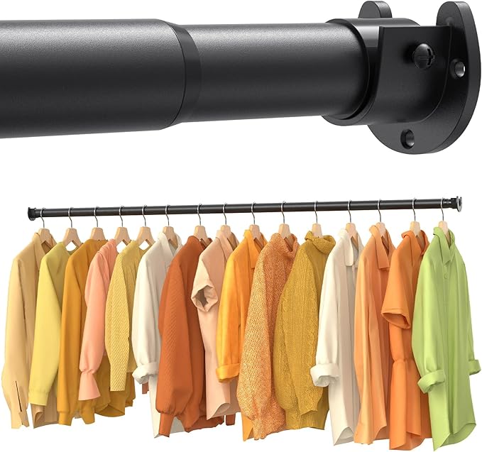 Closet Rods for Hanging Clothes, 17-84 Inch No-Cut Stepless Adjustable Closet Rod, 1.3 Inch Heavy Duty Metal Closet Hanging Rod with Brackets, Black Closet Bar for Closet, Laundry Room, RV, Wardrobes