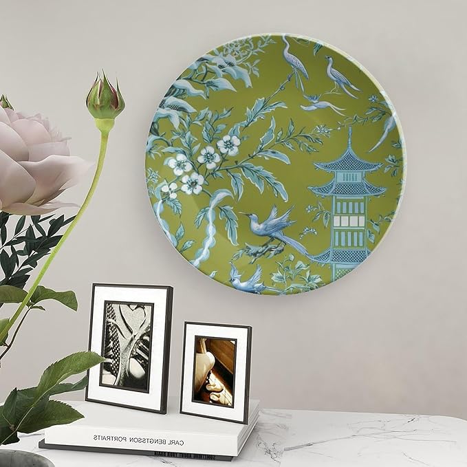 Pagoda Garden Imperial Vintage Plates for Display Asian Green Chinoiserie Household Display Supplies Farmhouse Festival Holiday Party Decorations Personalized Gifts for Men Women Holiday