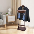 Freestanding Wood Mens Valet Stand with Drawer, Clothes Butler with Base, Suit Hanger Rack for Office Living Room Bedroom