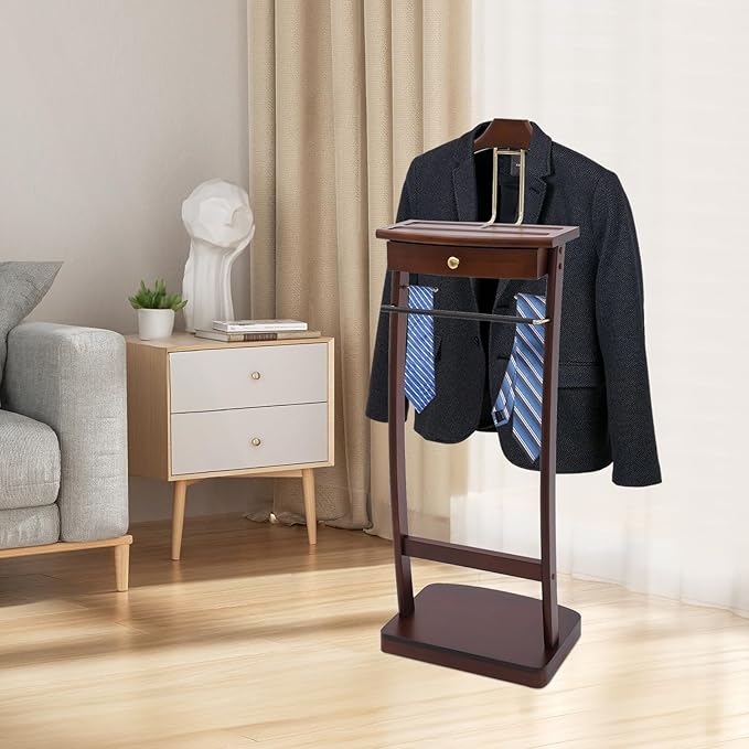 Freestanding Wood Mens Valet Stand with Drawer, Clothes Butler with Base, Suit Hanger Rack for Office Living Room Bedroom