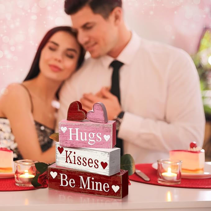 Moucuny 4 Pcs Valentine's Day Table Decorations Wooden Heart Valentine Tiered Tray Decor Valentine Day Centerpiece Rustic Decorative Heart Block Signs Gift Farmhouse Valentines Decor for Home Kitchen