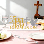 Teenyyou First Holy Communion Sign 1st Communion Decoration Baptism Centerpiece for Table God Bless Gift Metal Word Sign with Wooden Base for Baptism Shower Party Tabletop Desk Decor
