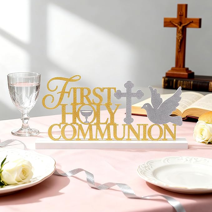 Teenyyou First Holy Communion Sign 1st Communion Decoration Baptism Centerpiece for Table God Bless Gift Metal Word Sign with Wooden Base for Baptism Shower Party Tabletop Desk Decor