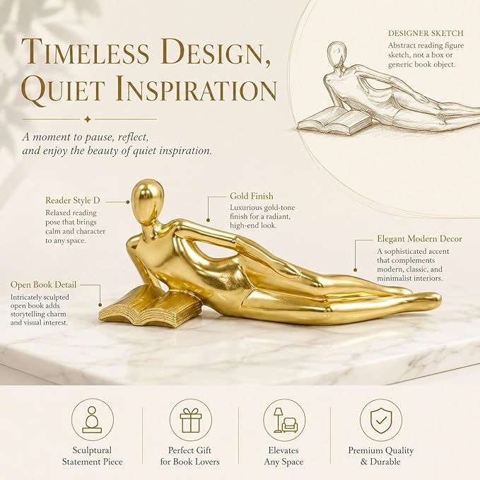 Gold Reading Statue Style D, Abstract Reader Figurine, Resin Book Decor for Bookshelf, Coffee Table, Desk Shelf Decor, Gift for Book Lovers