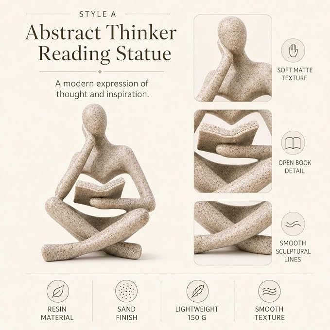 Bookshelf Decor Thinker Statue, Sand Abstract Reading Figurine Style A, Resin Decorative Bookend for Coffee Table, Shelf, Home Office, Library, Gift for Book Lovers
