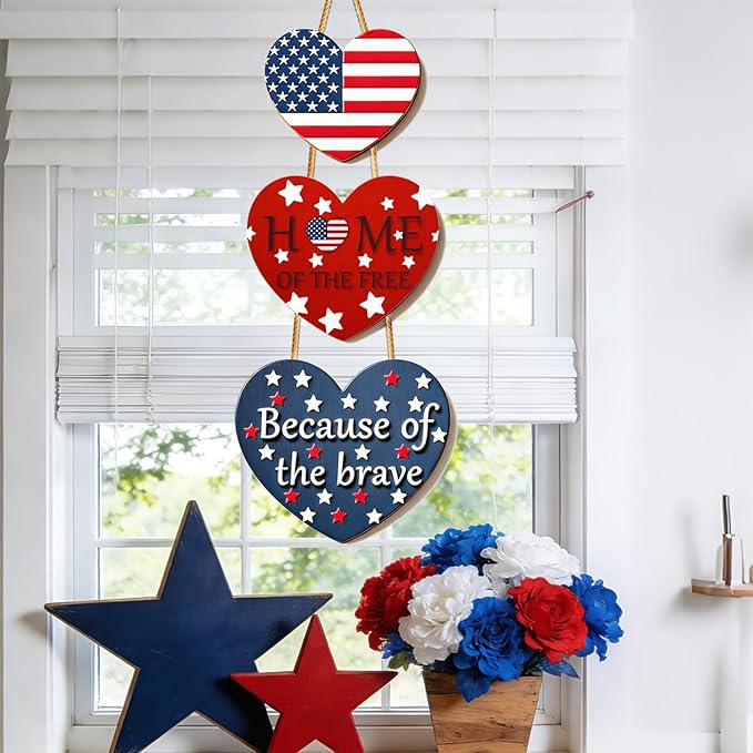 4th of July Decorations Patriotic Door Sign, American Flag Heart Hanging Wreath, Patriotic Decor Wooden Front Door Hanger for Independence Day Memorial Day Porch Wall Outdoor Indoor Home Decor