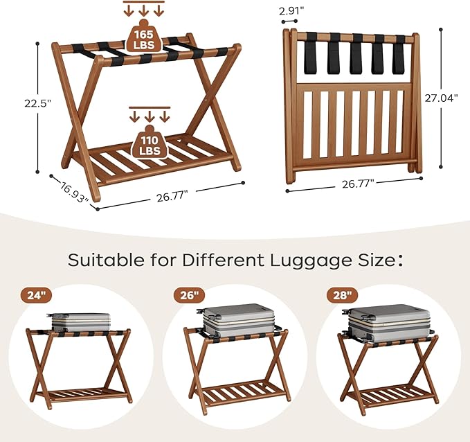 Full Assembled 26.77"L Luggage Rack Set of 1 - Luggage Stand for Guest Room, Foldable Suitcase Stand with Shoe Shelf, Luggage Holder for Suitcases, Bedroom, Hotel (Walnut Bamboo Suitcase Holders)
