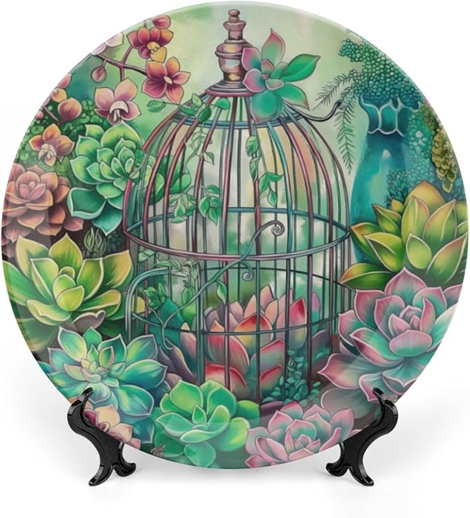 Garden Scenery Theme Decorative Ceramic Plate Round Porcelain Plate,Succulents and Bird Cage Pattern,for Decorative Ornaments Giving Plates, 1 Plate with 1 Display Stand,Green,6 inch
