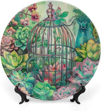Garden Scenery Theme Decorative Ceramic Plate Round Porcelain Plate,Succulents and Bird Cage Pattern,for Decorative Ornaments Giving Plates, 1 Plate with 1 Display Stand,Green,8 inch