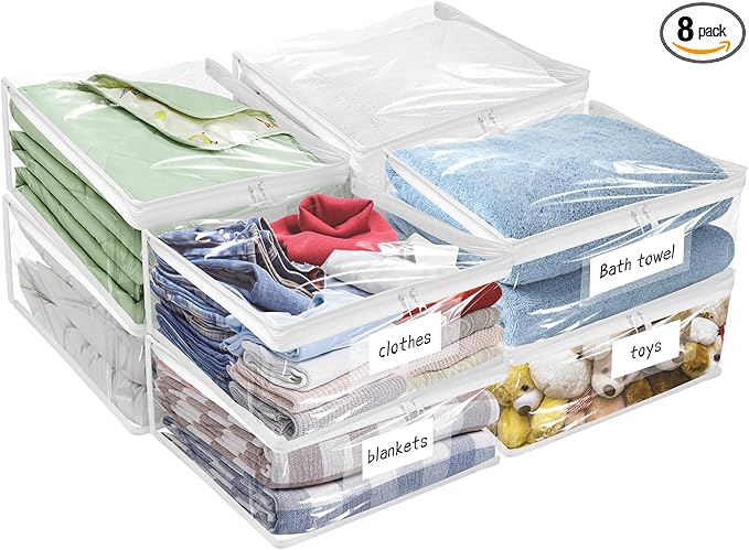 Kikerike Plastic Storage Bags with Easy-Glide Zipper, Pack of 8, Durable Clear Vinyl Zippered Storage Bags for Clothes Sweaters Comforters Blankets Sheets Bedding (21.6 x 13.7 x 12.4 Inch)
