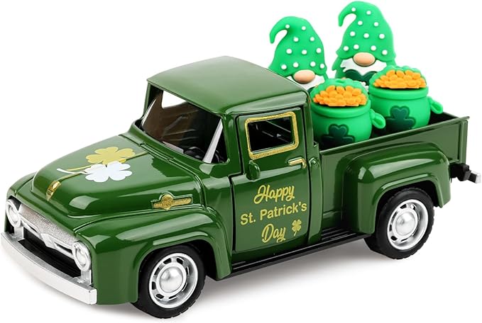 Hxezoc St Patricks Day Shamrock Truck Decor Green Vintage Metal Truck Spring Farmhouse Tabletop Mantle Decoration for Home Kitchen Office St Patricks Day Theme Party Supplies