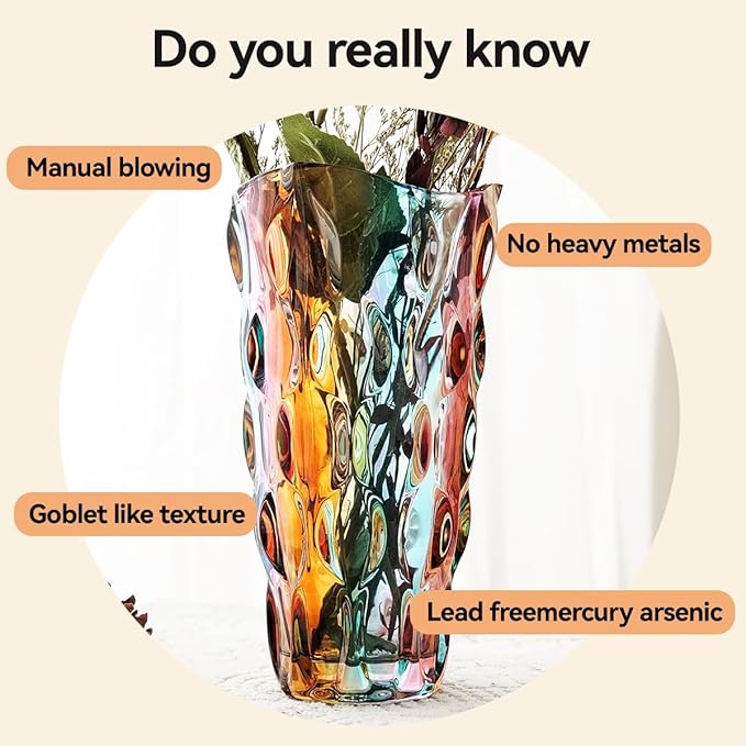CEMABT 9.5inch 3.4 lb Glass Vases for Flowers Unbreakable Thickened Morden vase for Tables Centerpieces,Colorful,Vintage and Clear Rose Large Flower vases for Bouquet Unique Gifts（Flow Colorful
