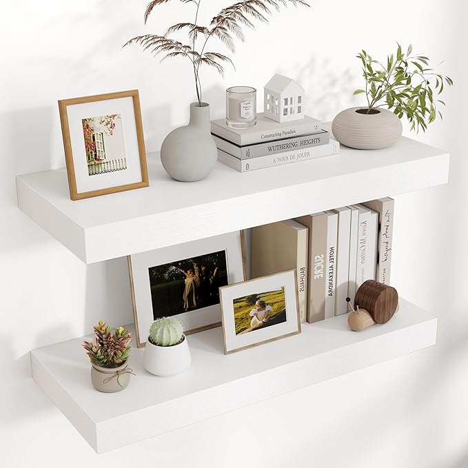 Venusmiles Floating Shelves for Wall, 30" W x 12" D x 2" H, 2 Pack of Long Wall Mounted Engineered Wood Shelves with Invisible Brackets for Living Room, Bedroom, Bathroom, Kitchen Decor, White